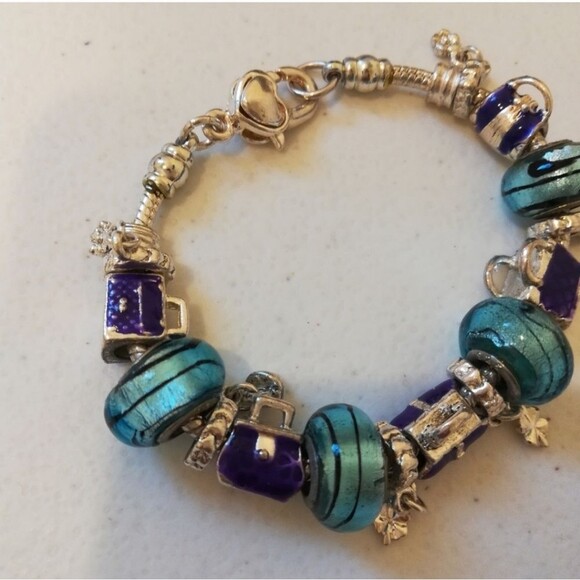 (4) 925 Murano Glass Beads Enameled Bag Charm Silver Tone Slider Bracelet - Picture 3 of 8